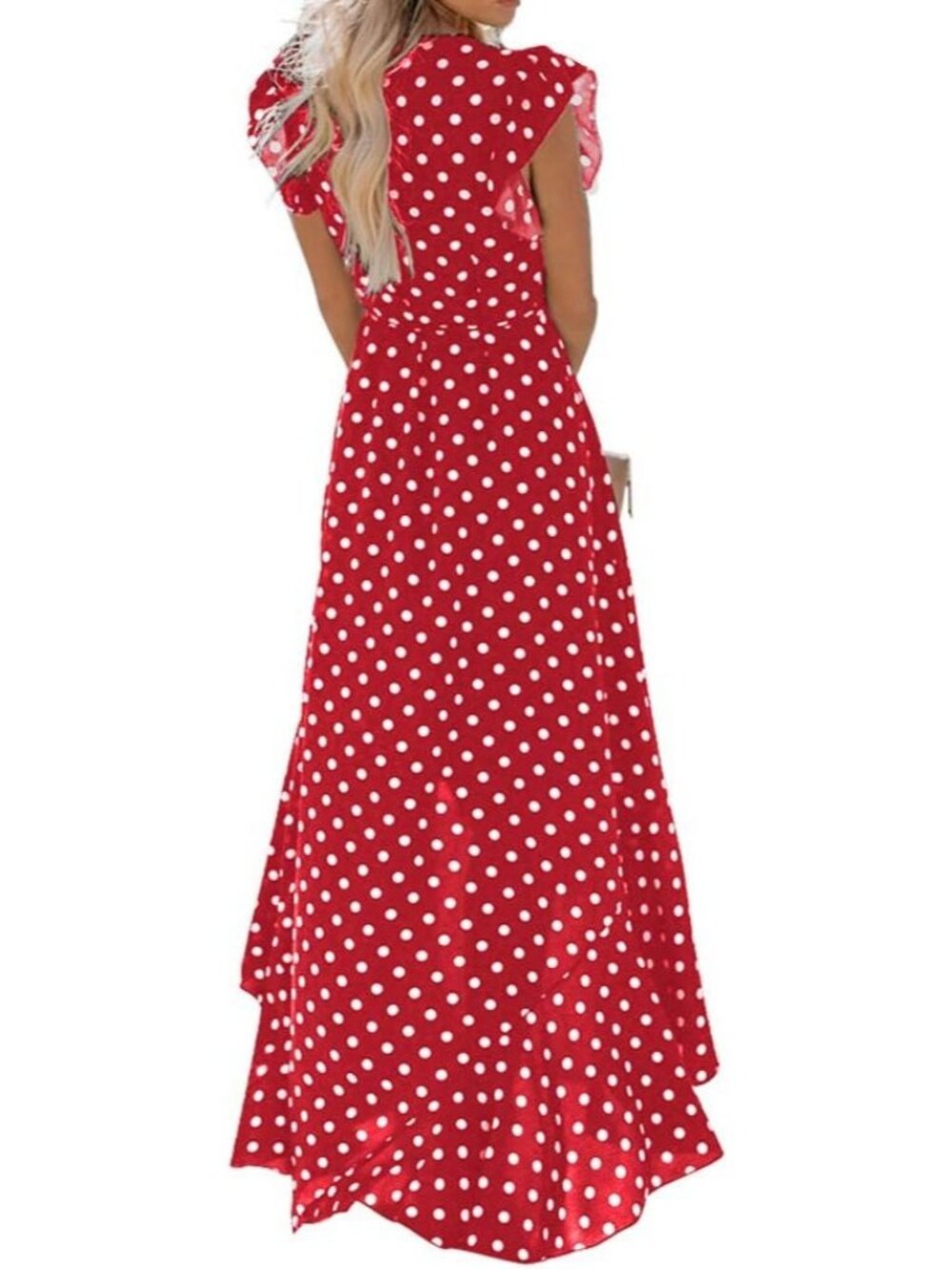Women's Polka Dots Red V Neck Casual Tie Short Sleeve Pull On Maxi Dresses - Picture 2 of 6